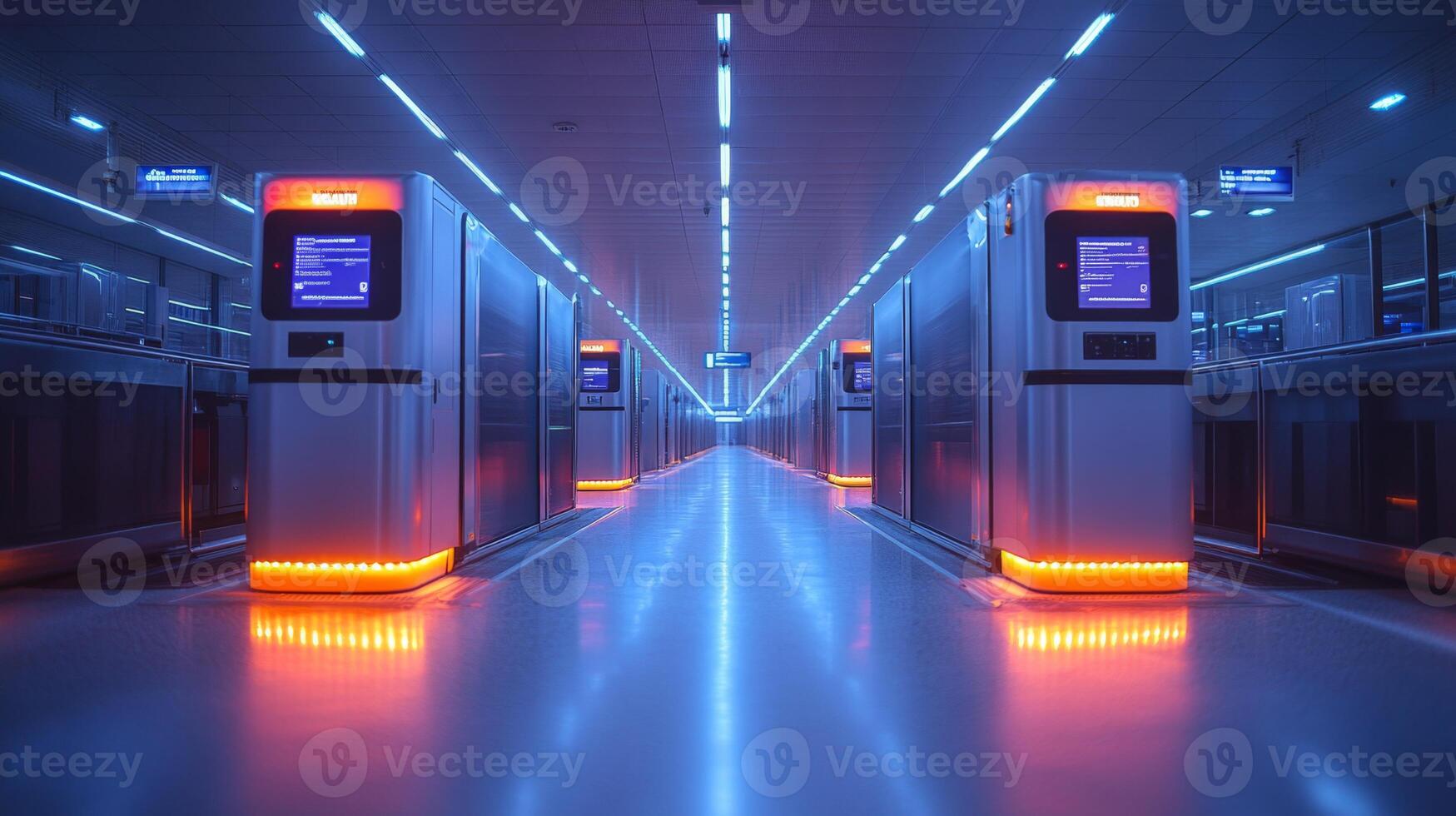 A high tech transportation checkpoint features automated inspection booths lined with glowing blue and orange lights. Surveillance equipment enhances security and mobility efficiency. photo