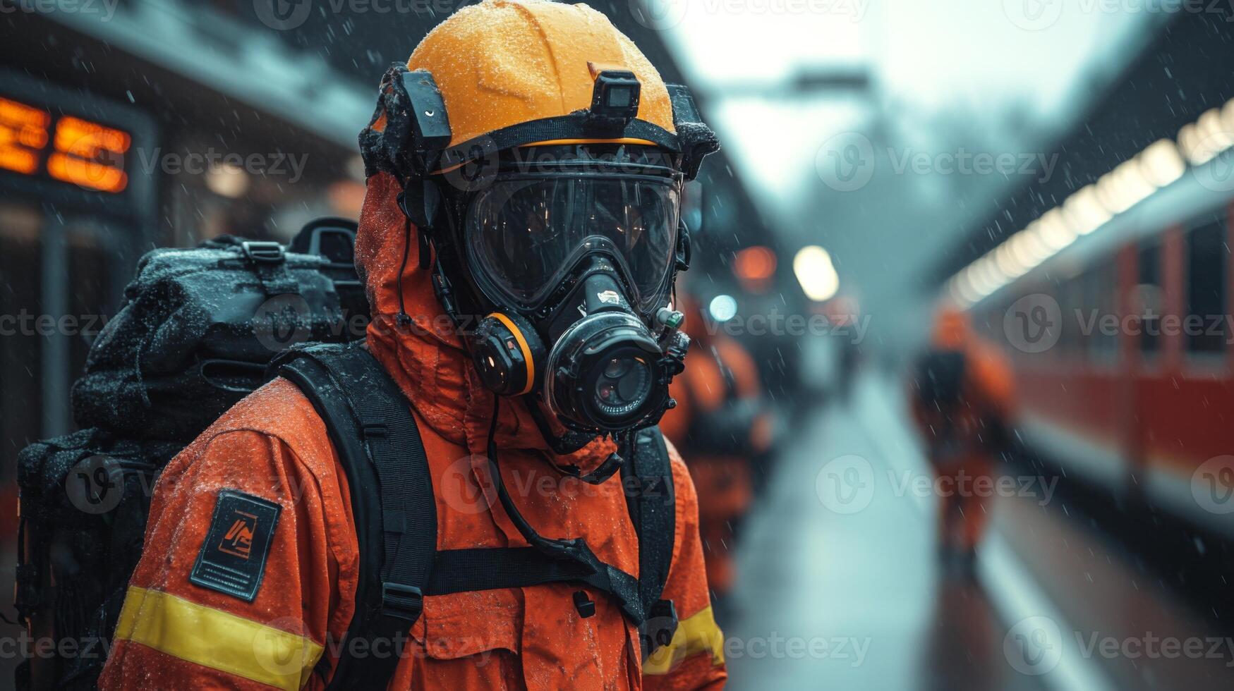 Individuals in protective gear are monitoring transportation checkpoints during rainy weather, ensuring security and safety measures are in place for mobility and inspection. photo