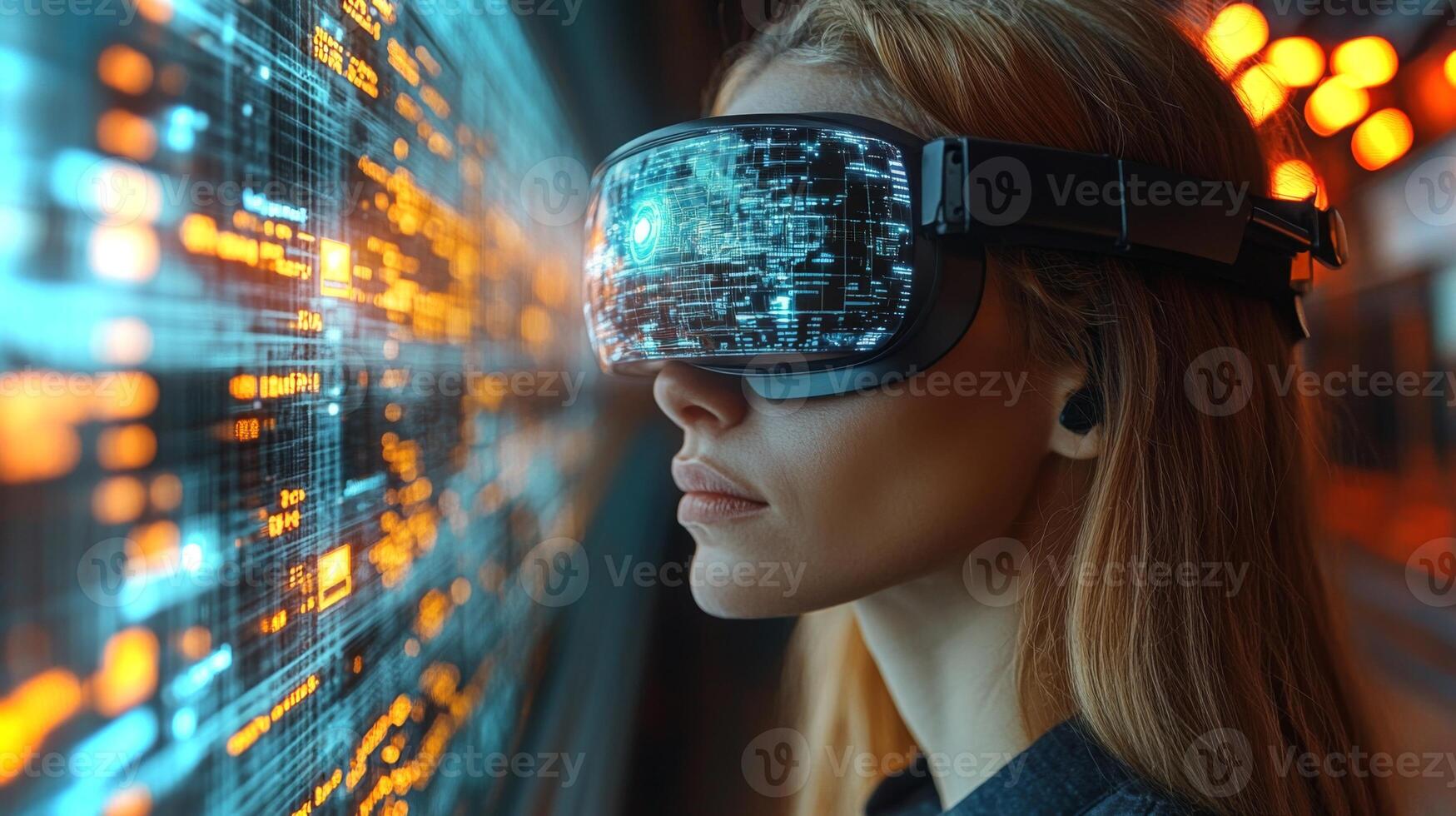 A woman wearing augmented reality goggles engages with digital overlays, showcasing advanced logistics and transportation technologies focused on security and automation. photo