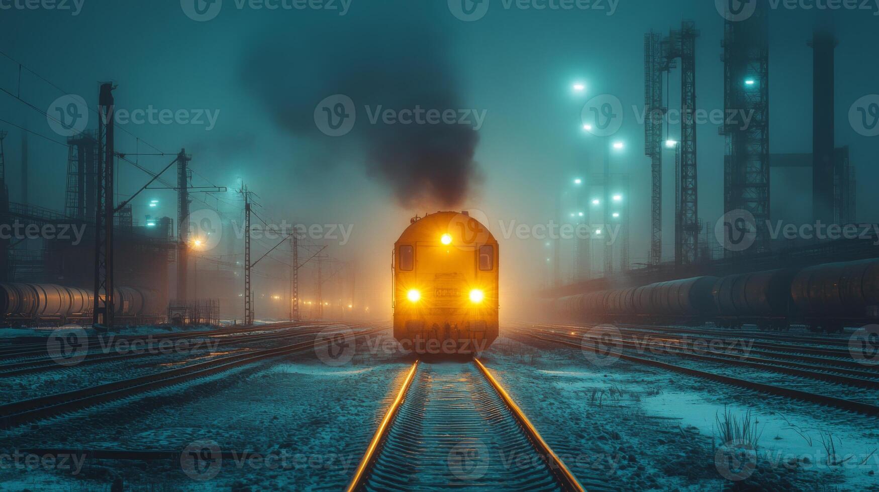A train with bright lights travels along tracks in a foggy industrial setting. The atmosphere is illuminated by ambient lights from surrounding structures, highlighting the logistics activity. photo