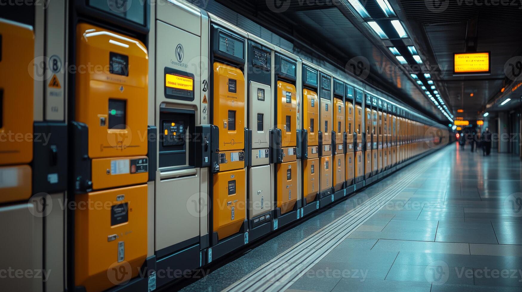 A row of automated check in kiosks is prominently displayed in a transit station, emphasizing efficiency in passenger processing and security monitoring. photo