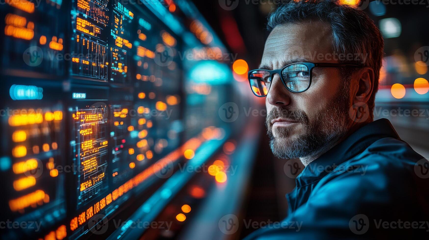 An experienced professional closely examining digital metrics in a modern control room dedicated to logistics and transportation management. photo