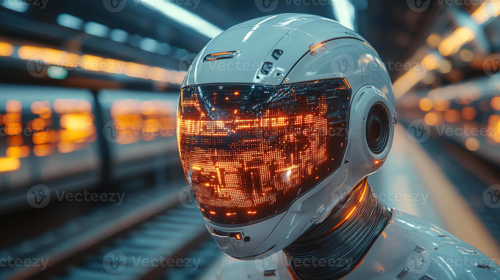 A futuristic robotic inspection unit stands at a busy train station, monitoring the transportation infrastructure using advanced automation and surveillance technology. photo