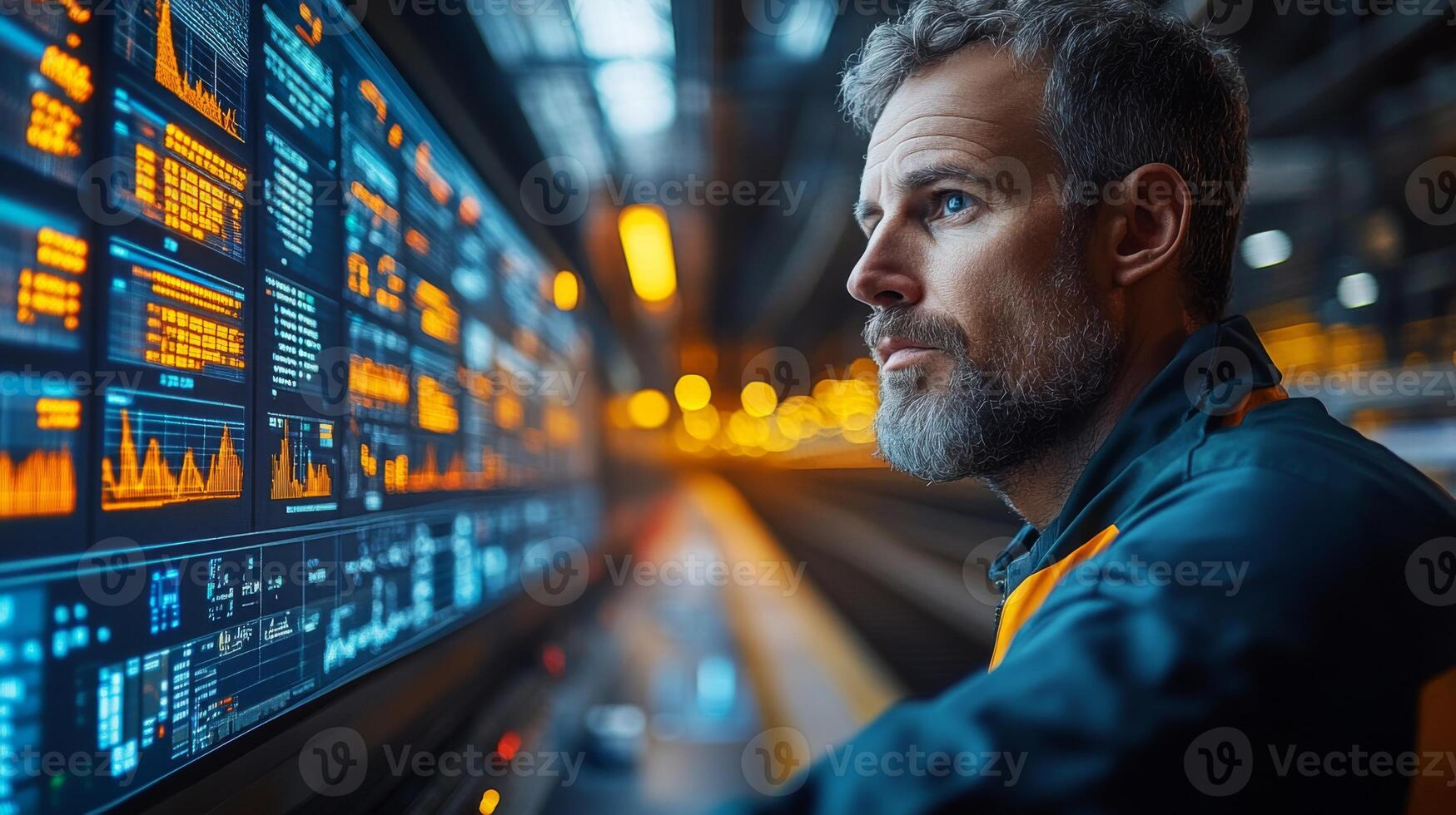 A logistics professional analyzes real time data on a digital display, focusing on transportation systems and security measures in an industrial setting at night. photo