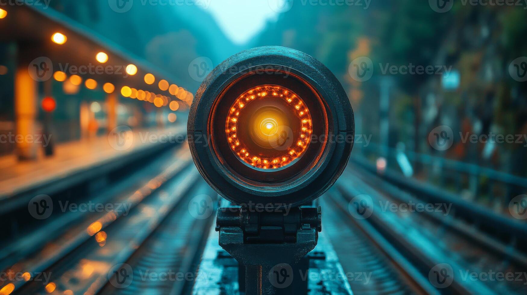 An innovative surveillance camera operates at a rail station, monitoring train tracks and ensuring safety and efficiency in the logistics and transportation network during dusk. photo