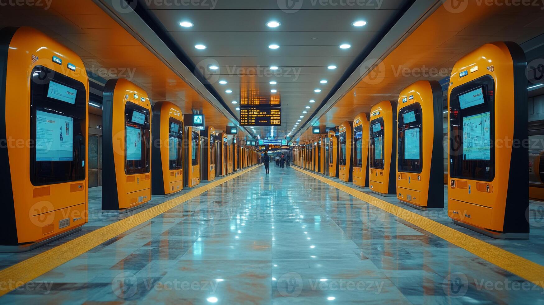 A well lit urban transit station features orange ticketing kiosks lining the corridor, enhancing the efficiency of public transportation and passenger navigation. photo