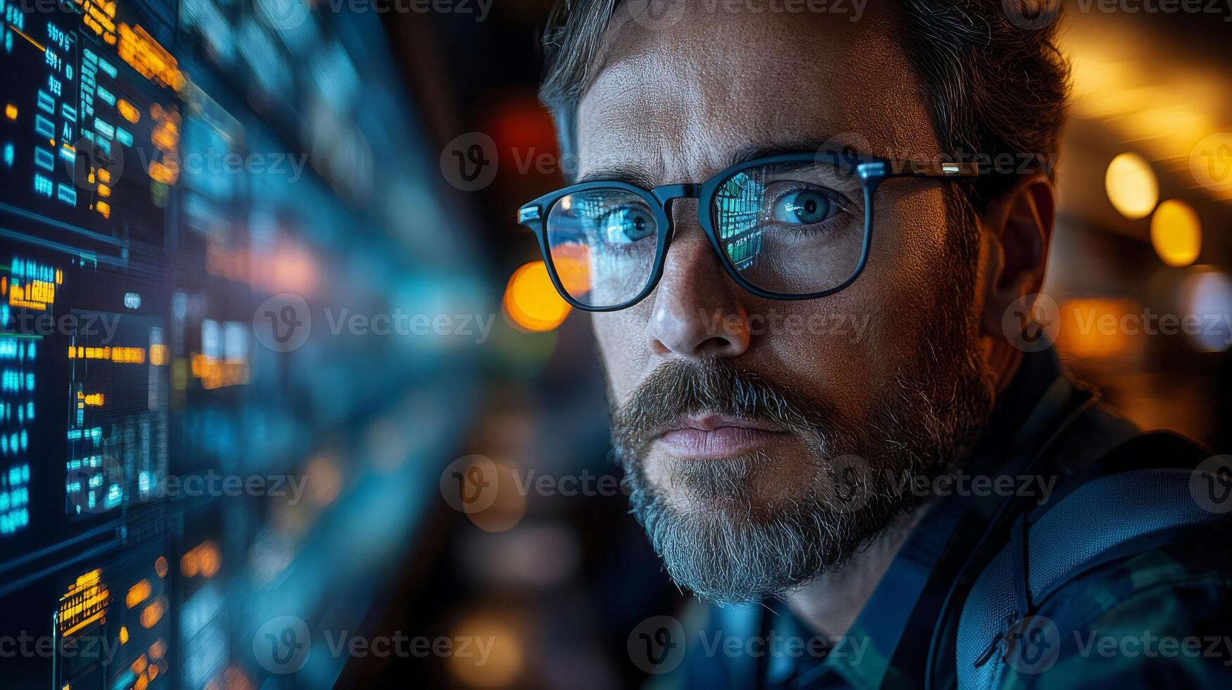 A man closely observes data on digital screens in a logistics control room, highlighting the importance of security, automation, and monitoring in modern transportation. photo