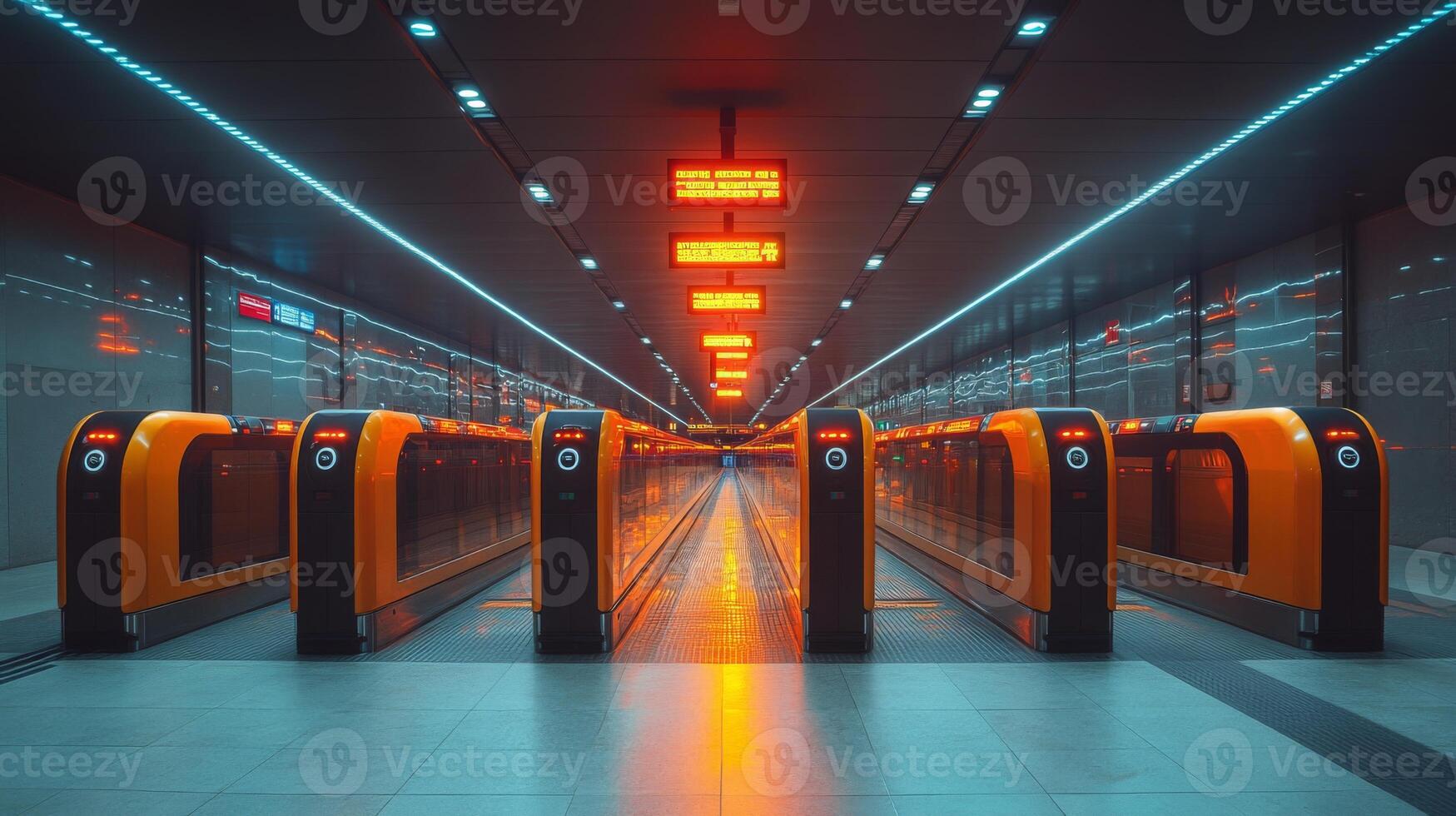 Automated barriers at a modern underground transportation hub provide access control while bright orange lights and high tech surveillance ensure security in the facility. photo