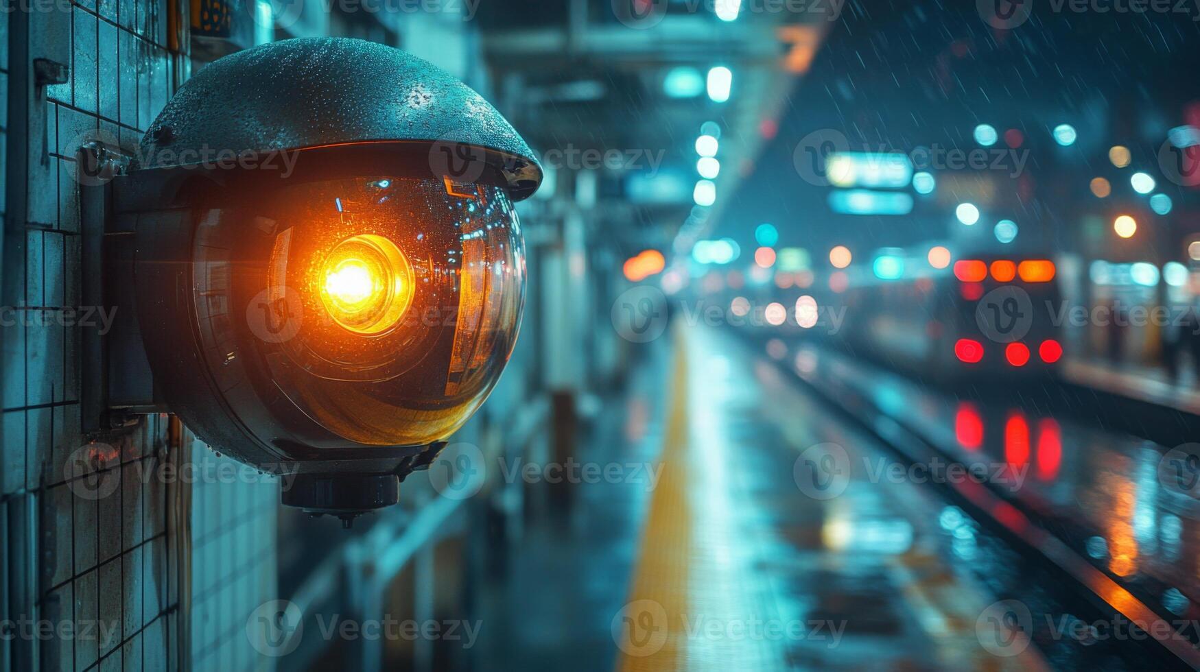 A security camera captures activity on a transportation platform under rain at night, ensuring efficient monitoring and improved public safety measures. photo