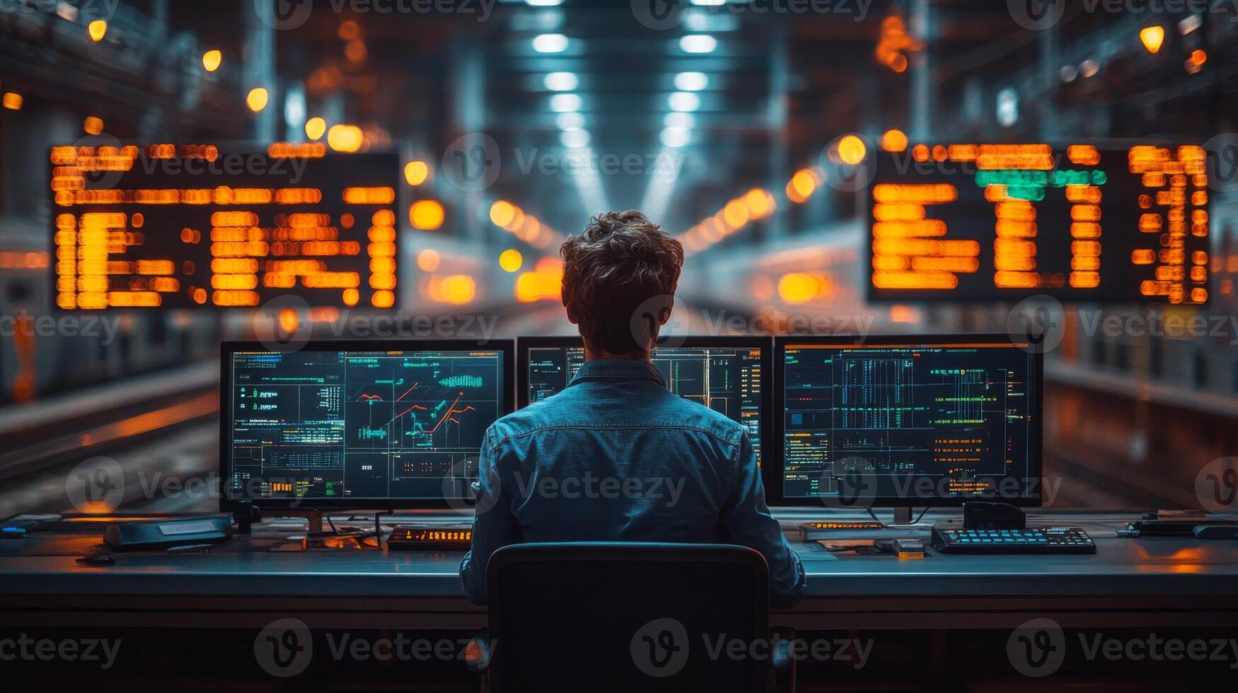 A professional manages logistics and transportation monitoring systems equipped with multiple screens displaying data, analytics, and surveillance. The focus is on automation and efficiency. photo