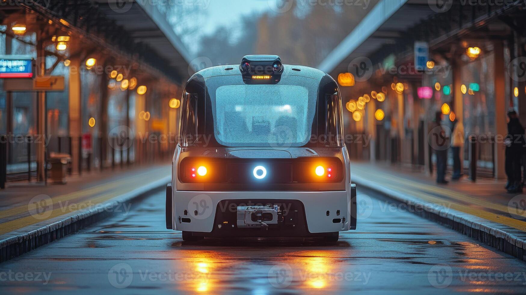An autonomous vehicle is positioned at a transportation hub, showcasing modern design and technology for logistics and security. Individuals can be seen waiting nearby at dusk. photo