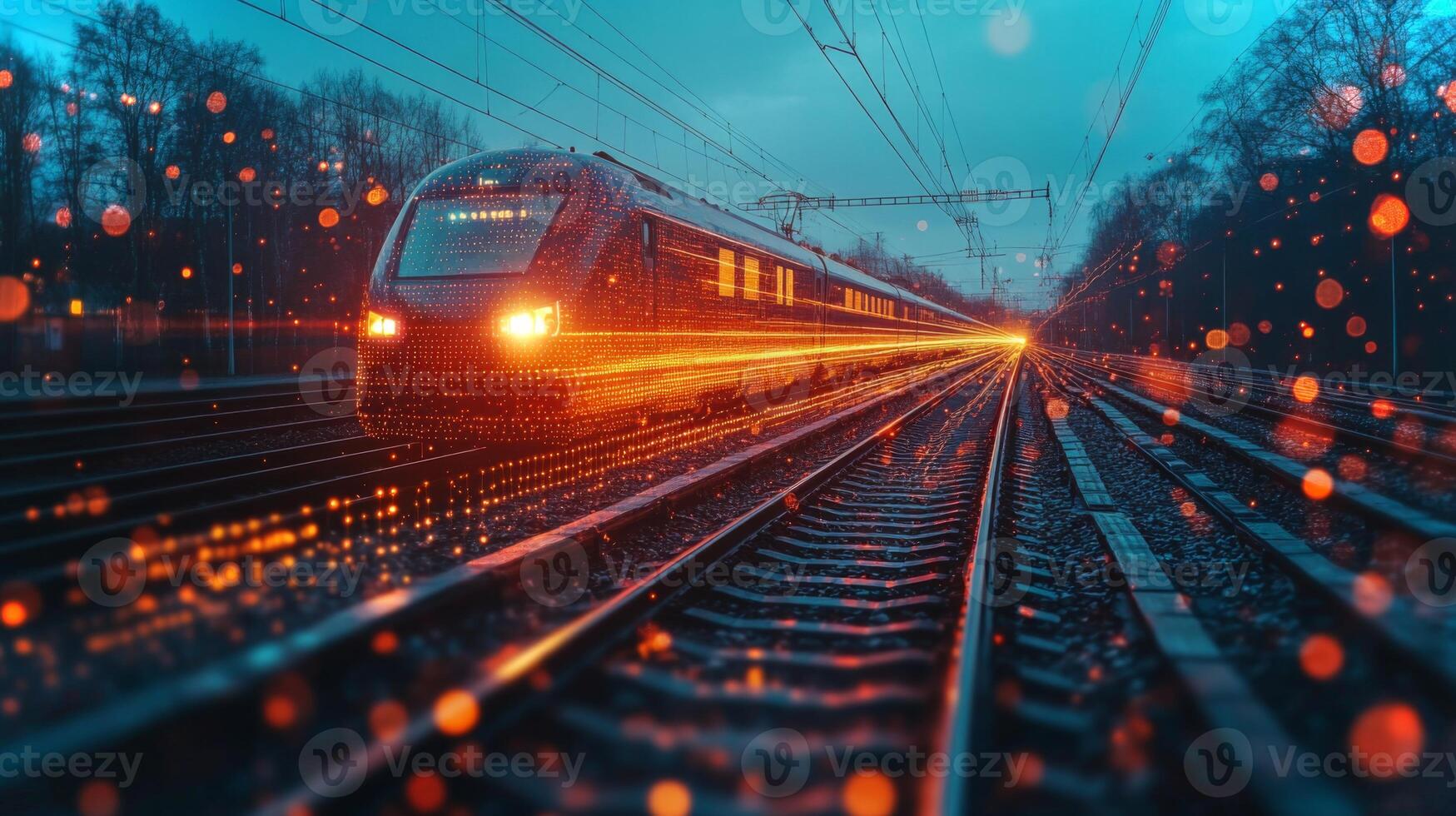 A sleek high speed train glides swiftly on well maintained tracks amidst a futuristic transportation environment, highlighting advanced automation and security measures at dusk. photo