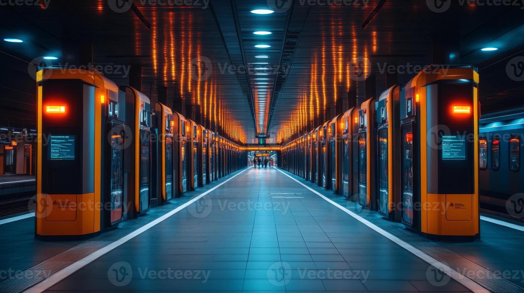 A busy transportation hub features automated systems and vibrant lighting, emphasizing security and efficient mobility options for travelers during peak hours. photo
