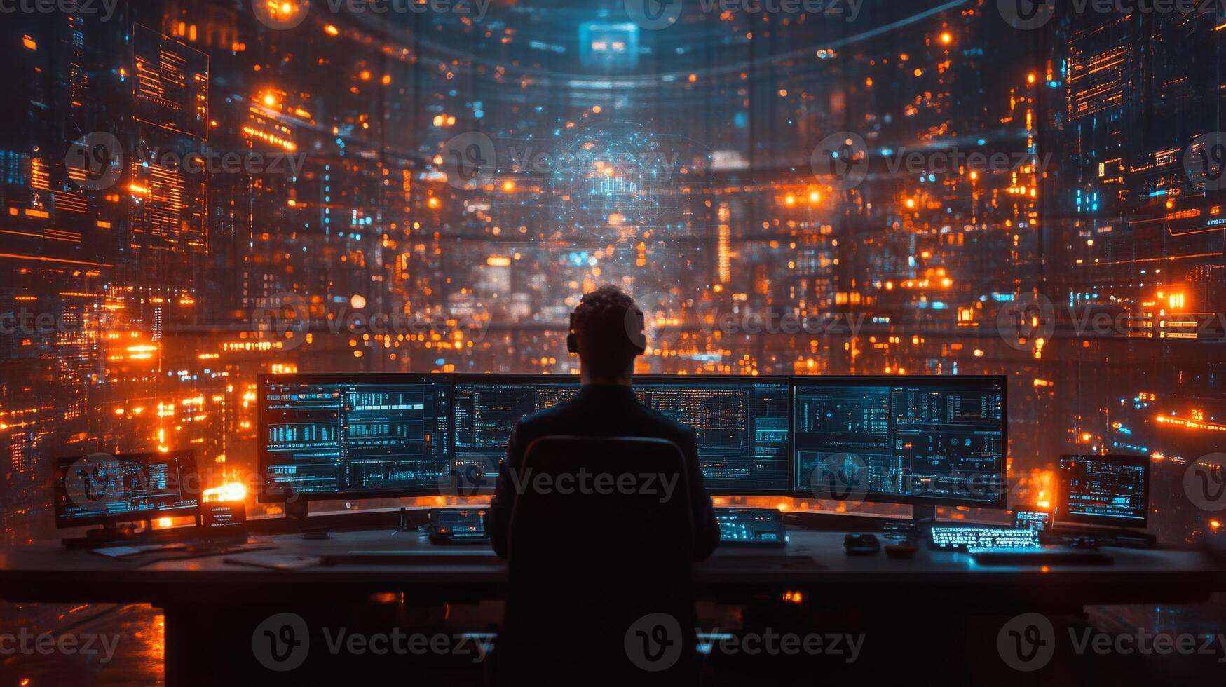 A professional operates multiple screens displaying data and analytics in a sophisticated control center designed for monitoring logistics operations and ensuring security. photo