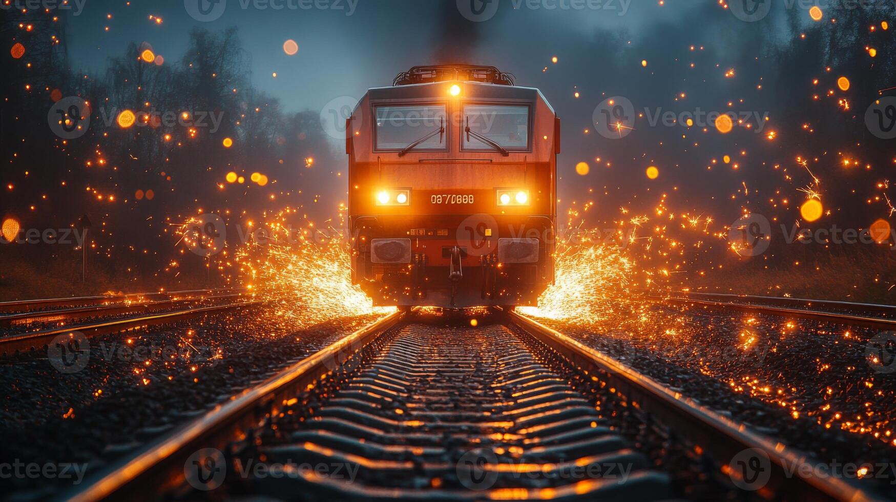 A freight train travels along railway tracks during nighttime, creating bright sparks as it moves. The setting is foggy, enhancing the scene's dramatic effect as it indicates efficient transportation. photo