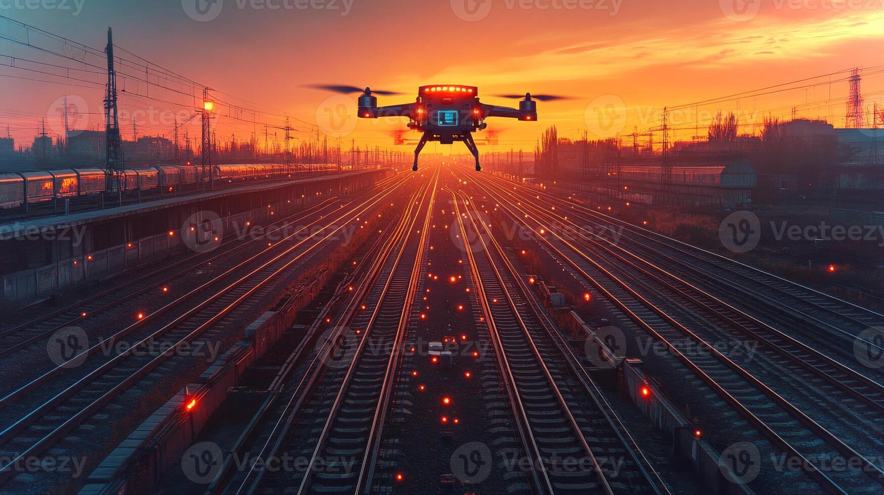 A drone hovers above railway tracks at sunset, equipped for surveillance and inspection tasks, enhancing logistics and transportation efficiency in an automated environment. photo