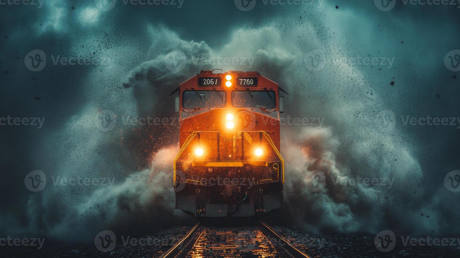 A freight train powers through challenging weather conditions, emitting bright lights as it moves along railway tracks surrounded by billowing clouds and mist. photo