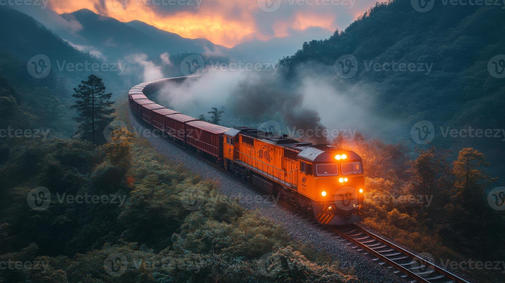 A freight train winds through a scenic mountainous landscape at sunset, with rich colors in the sky and mist shrouding the trees along the tracks. photo
