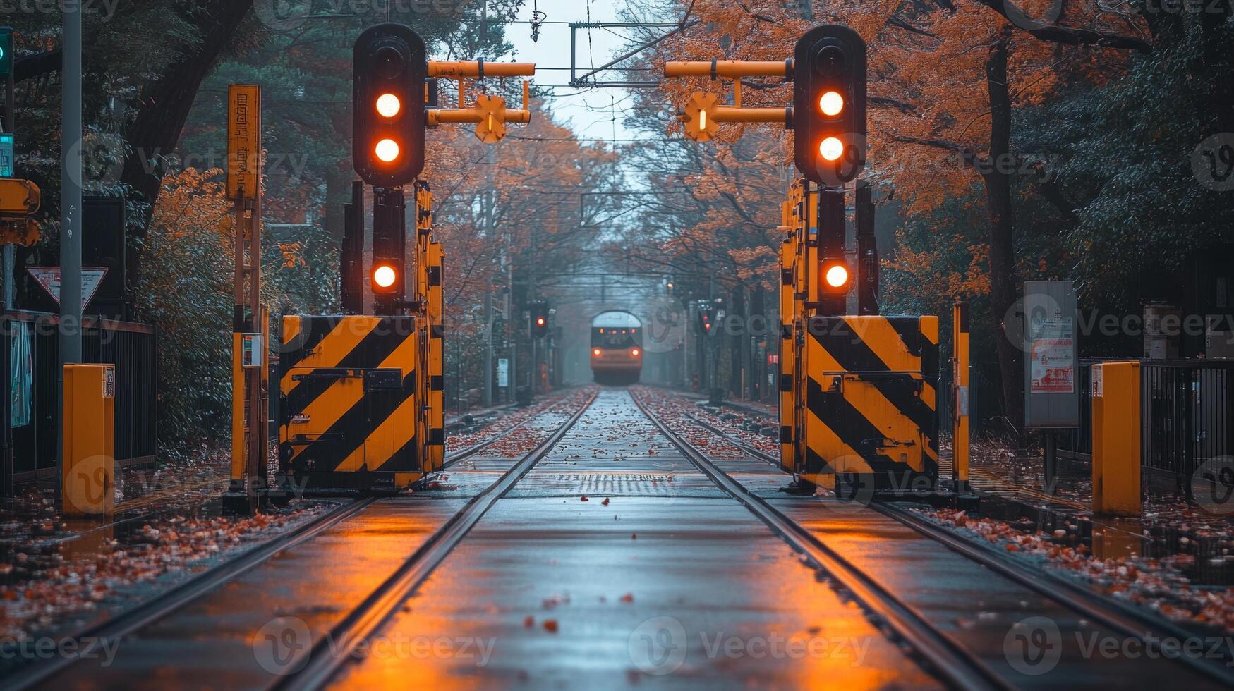 Transport infrastructure features bright signals illuminating the tracks as a train approaches amidst colorful autumn foliage and wet surfaces. photo