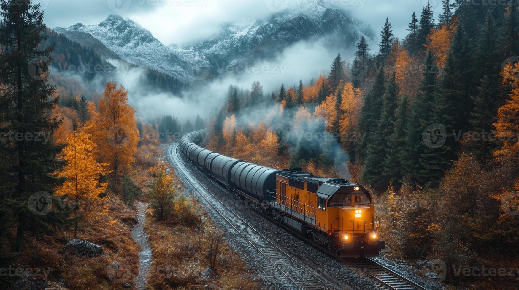 A freight train moves steadily along a winding track surrounded by vibrant autumn foliage and towering mountains. Soft fog adds a mystical touch to the serene environment. photo