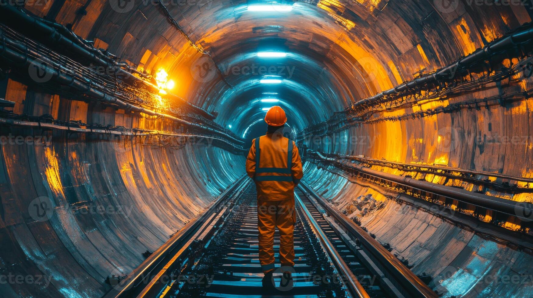 Safety measures are observed as a worker in safety gear inspects the expansive underground tunnel lined with rail tracks and illuminated with bright lights. photo