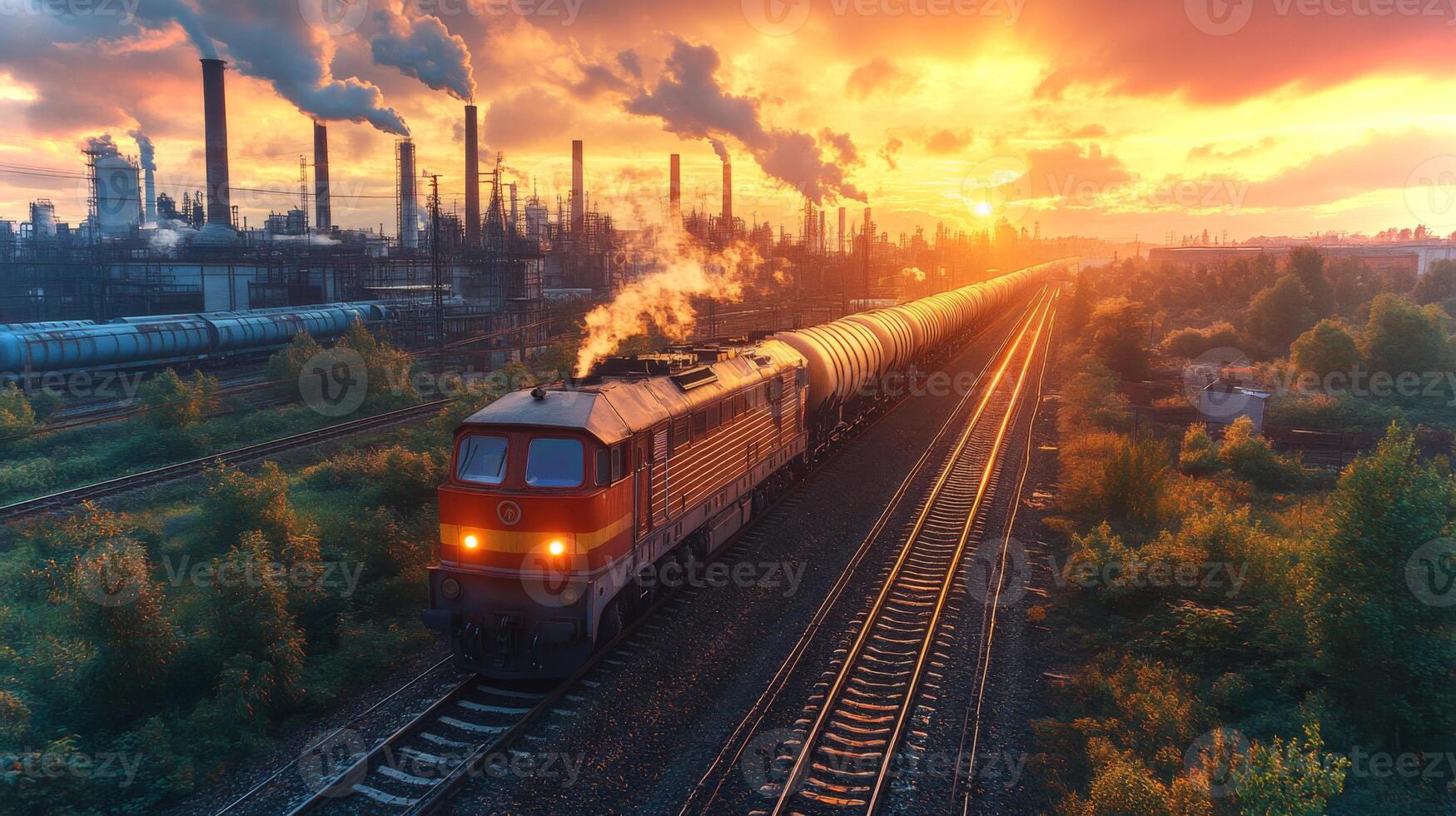 A freight train carries cargo through an industrial area as the sun sets, illuminating the sky with vibrant colors and casting shadows on the railway tracks. photo