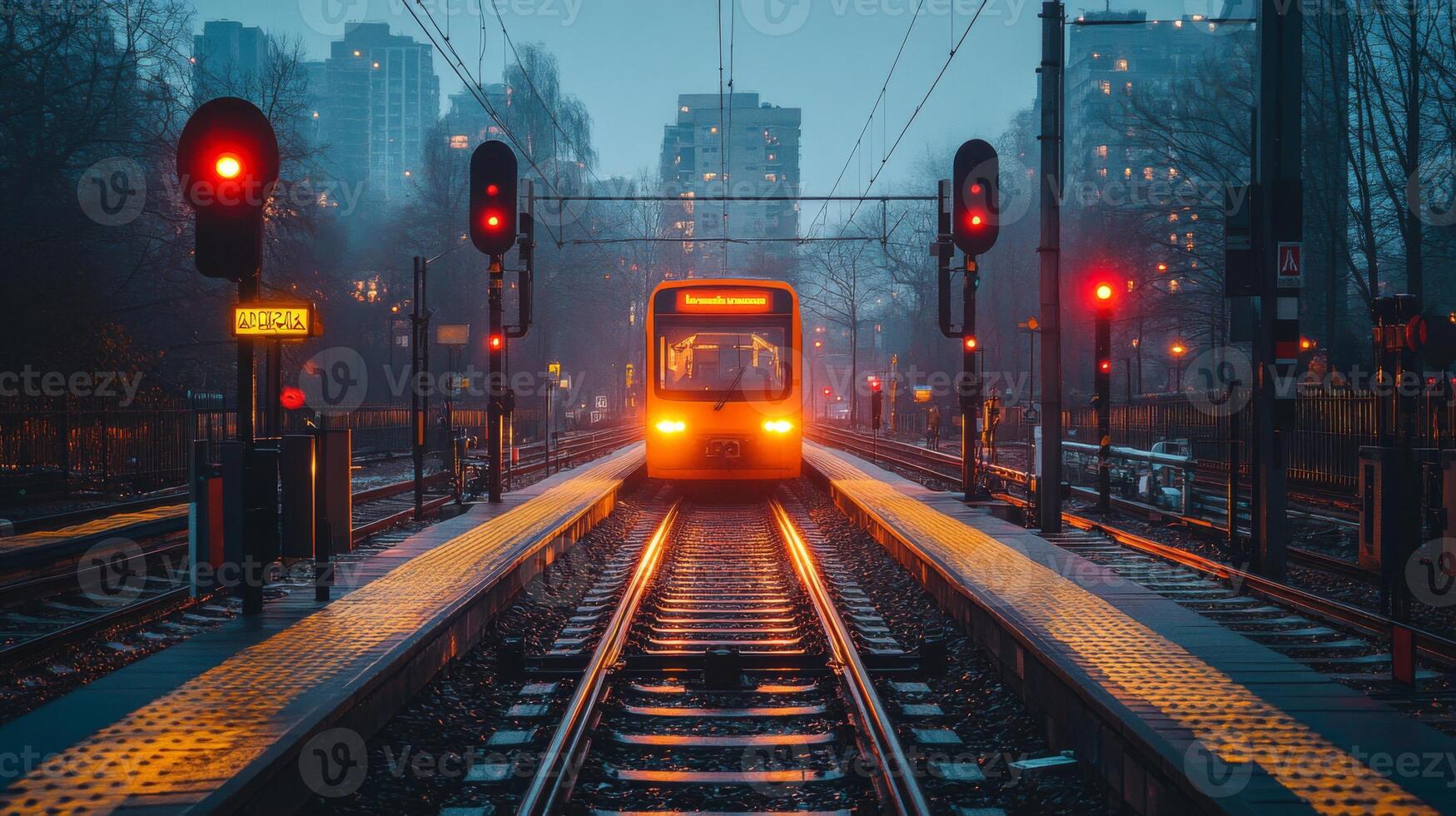 A train is approaching the station, illuminated by the glow of red signals. The environment shows a blend of urban automation and transport infrastructure at twilight. photo