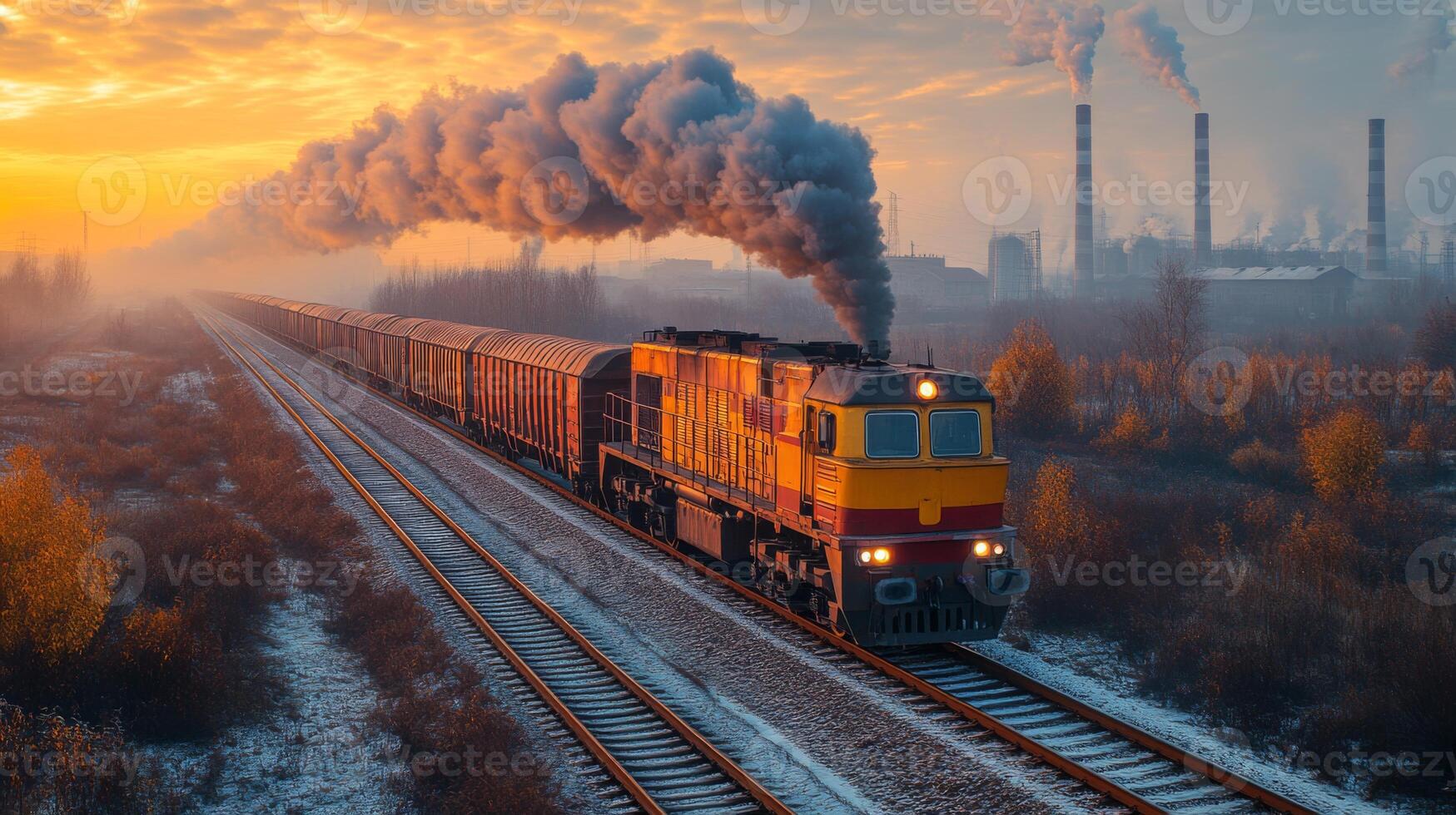 A freight train moves along tracks in a misty setting during sunrise, hauling cargo containers as smoke billows from nearby factories in the background. photo