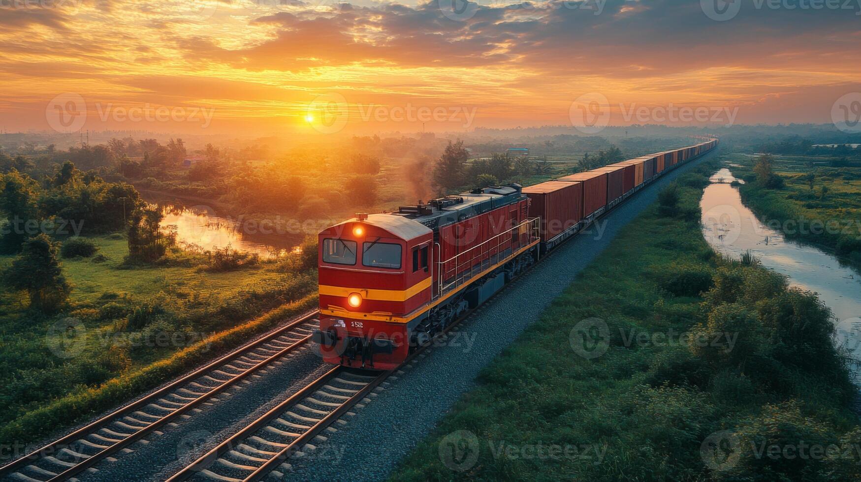 A freight train moves along tracks lined with greenery and a river at sunset, carrying cargo containers as the sun sets over the horizon, creating a picturesque view. photo