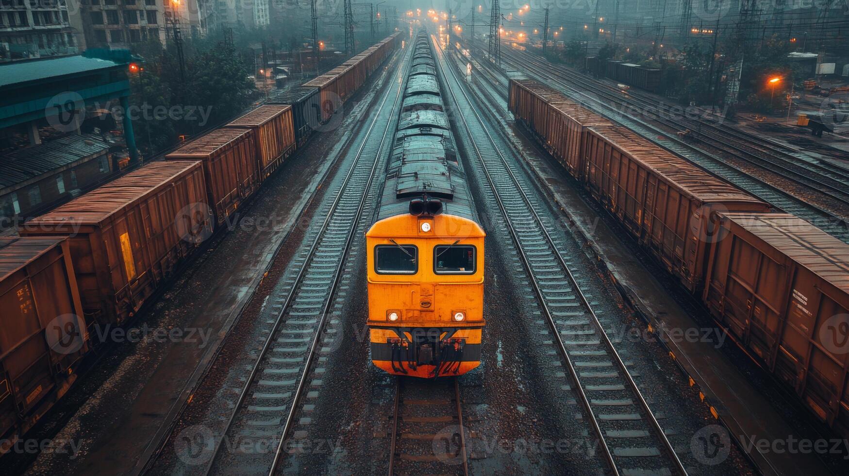 A freight train navigates tracks at a logistics terminal during dawn, surrounded by cargo containers and rail infrastructure, showcasing modern transportation capabilities. photo