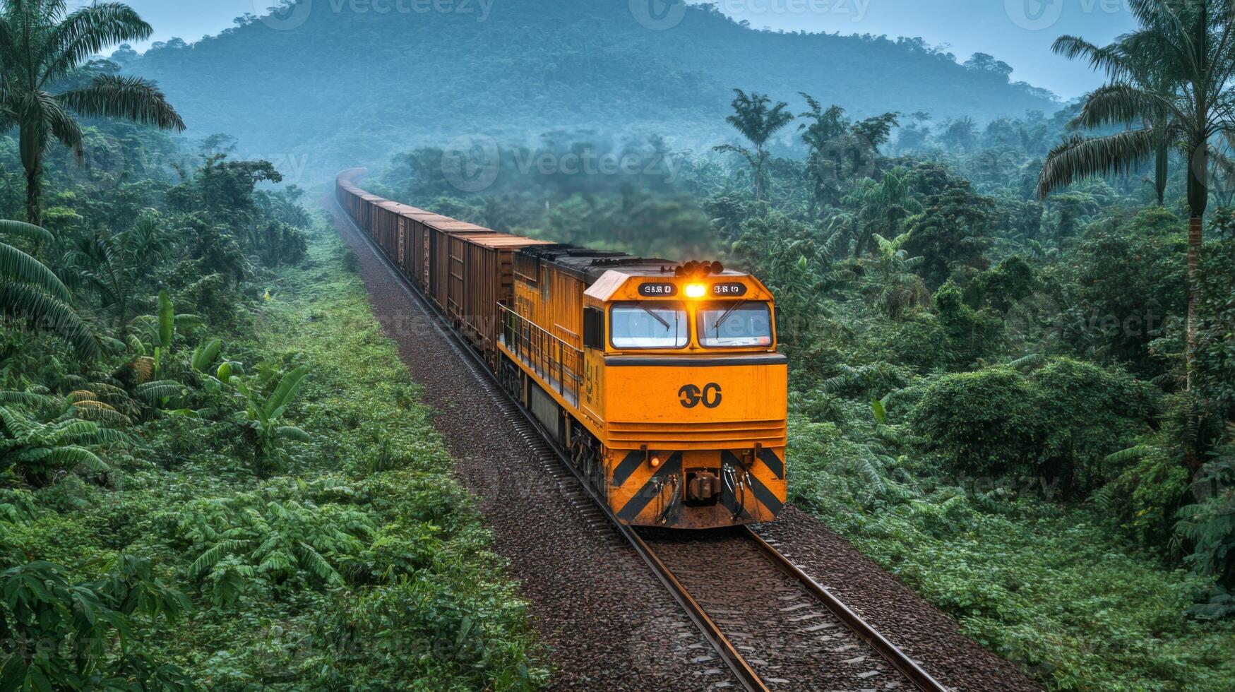 A freight train navigates tracks surrounded by dense tropical vegetation, transporting cargo in a remote area under cloudy skies, showcasing the blend of nature and infrastructure. photo
