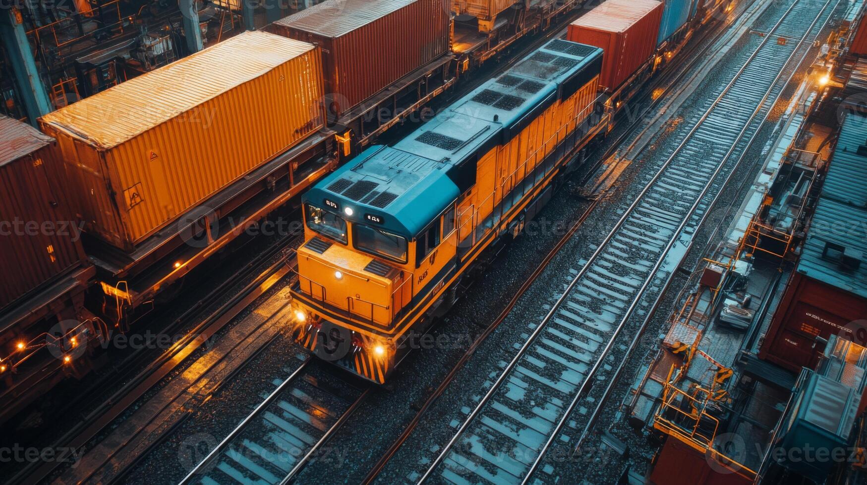 A freight train moves through a cargo terminal lined with colorful shipping containers as dusk settles, highlighting automation and efficiency in the logistics sector. photo