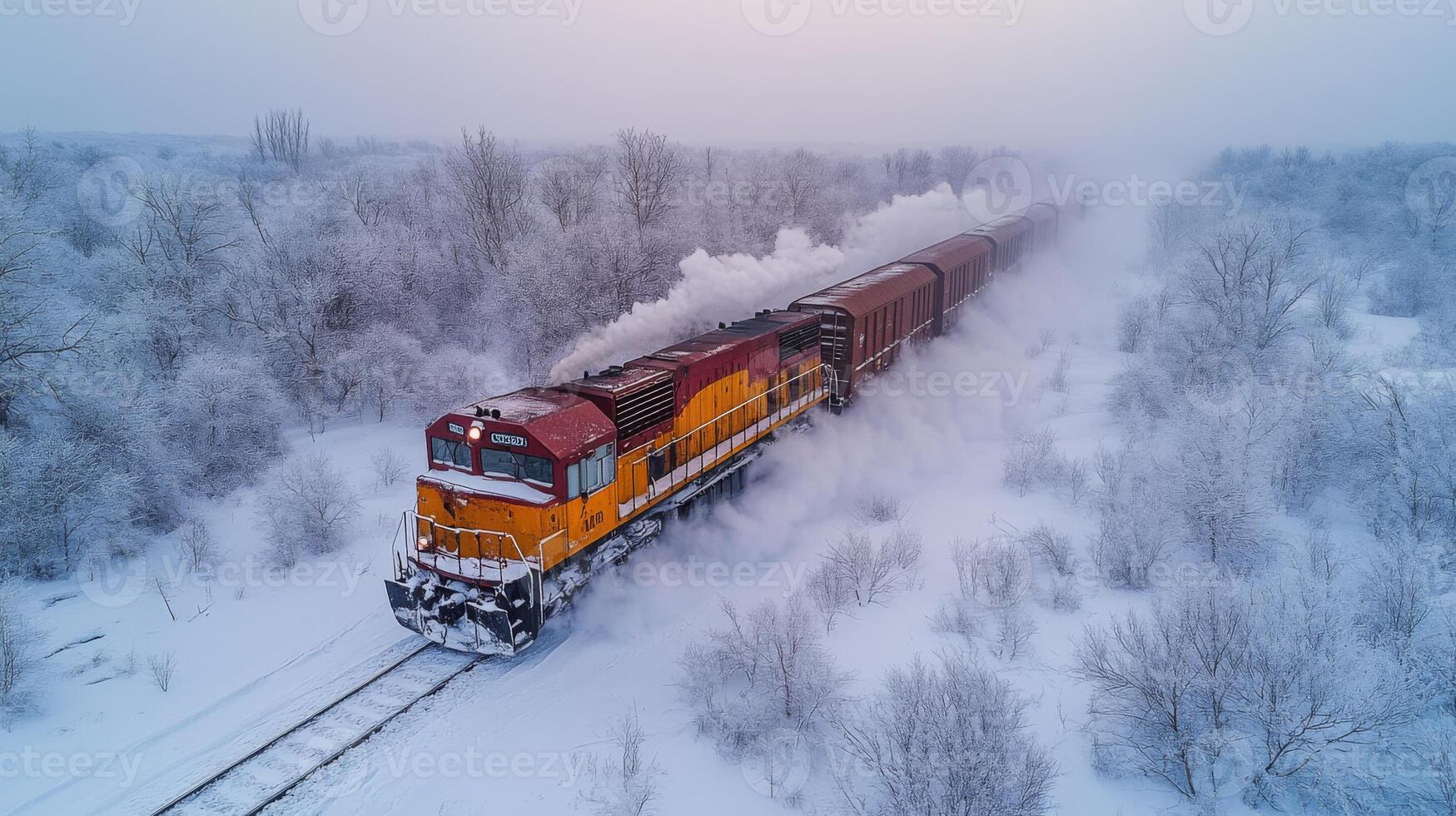 A freight train moves steadily through a snow covered environment, demonstrating the importance of logistics and intermodal transportation in winter months. photo