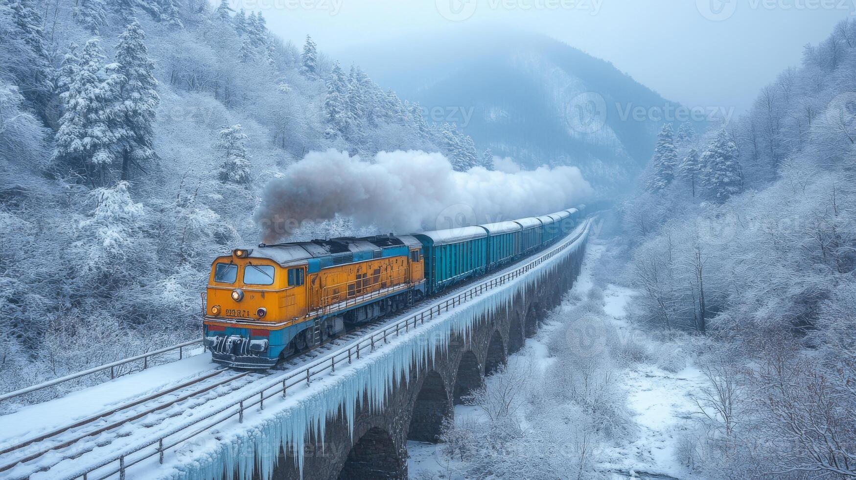A bright yellow train travels over a snow covered bridge in a mountainous area, pulling automated freight cars amidst heavy winter scenery and trees blanketed in snow. photo