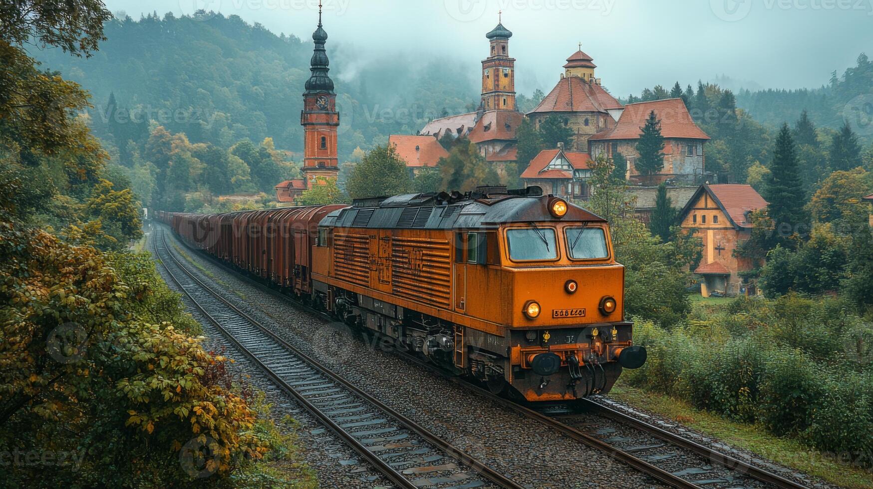 A freight train moves steadily along a railway track, carrying cargo containers in a picturesque landscape dotted with historical buildings and lush green hills. photo