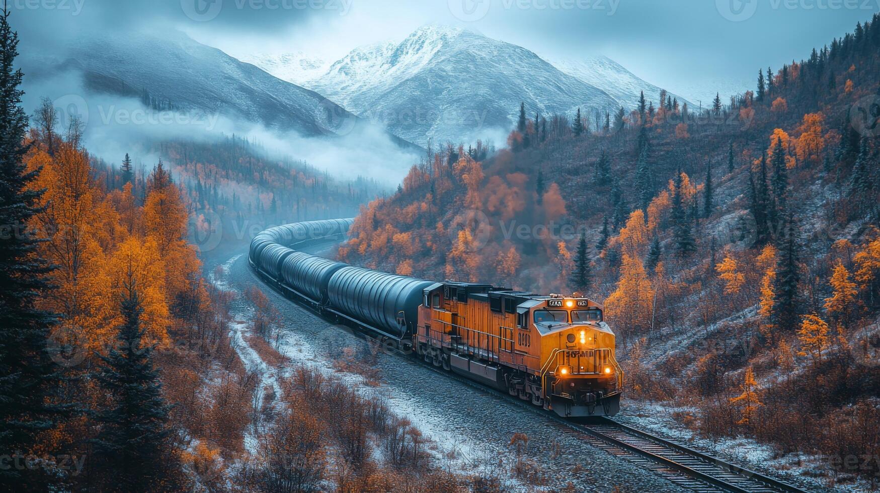 A freight train travels along a winding track amidst vibrant autumn foliage and towering mountains, shrouded in mist during the early morning hours. photo