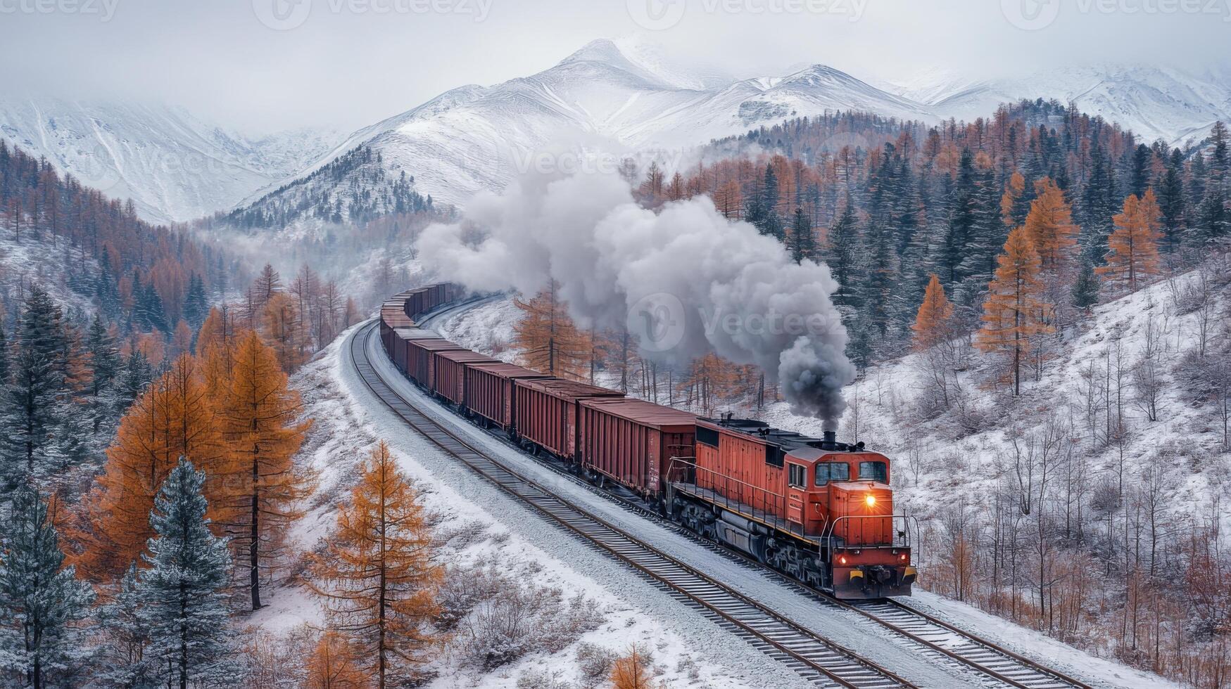 A freight train transports cargo containers through a snow covered mountain pass surrounded by autumn foliage. The locomotive emits smoke as it travels along the winding tracks. photo