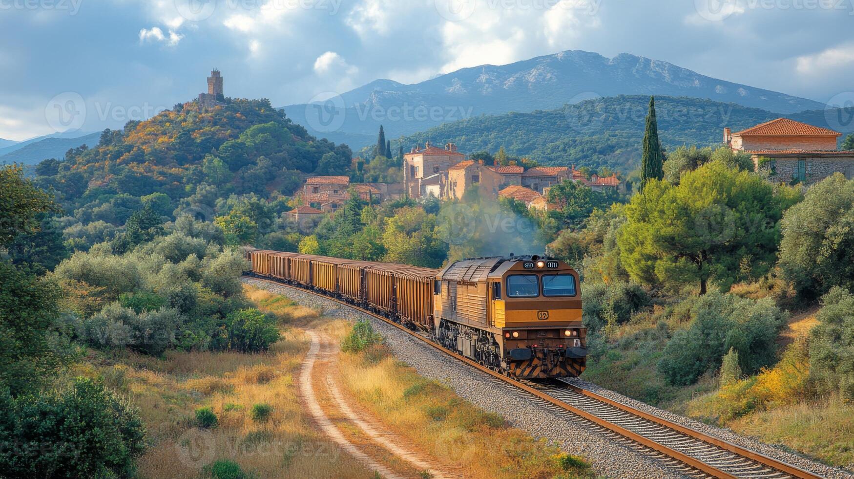 A freight train moves along tracks surrounded by lush greenery and hills, passing a quaint village under a bright sky filled with clouds. photo