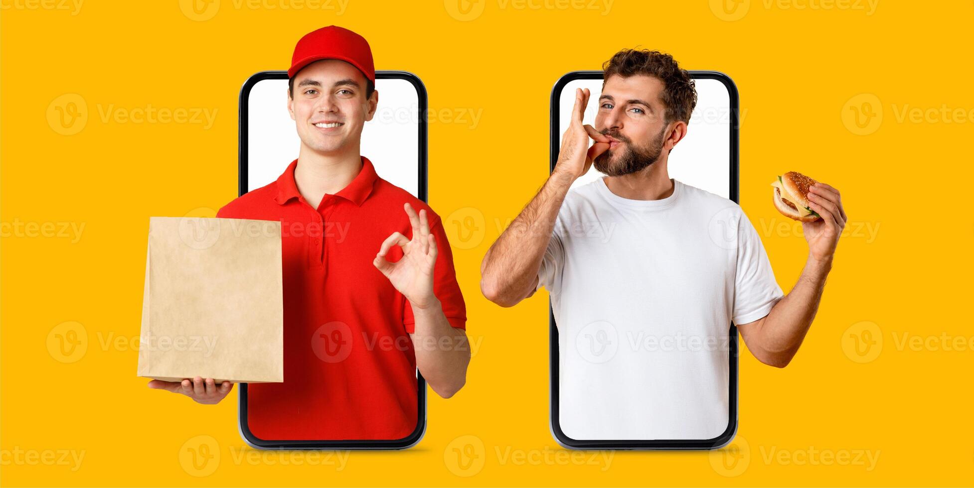 A buyer engages in online shopping using a smartphone. A delivery person presents a purchase in a bag while the customer enjoys a meal. The vibrant background enhances the collage feel. photo