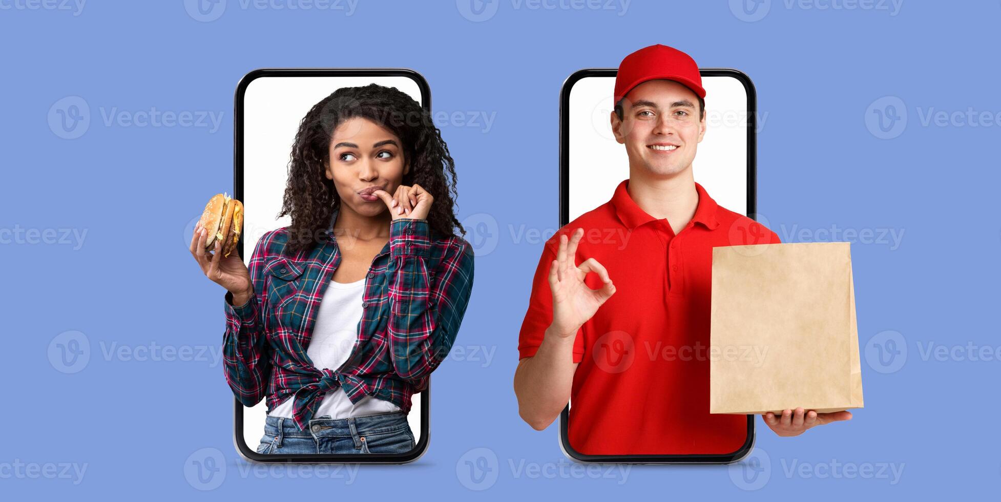 A buyer is interacting with a smartphone application, showcasing excitement while holding a food item. A delivery person stands ready to provide excellent service, emphasizing convenience in commerce. photo
