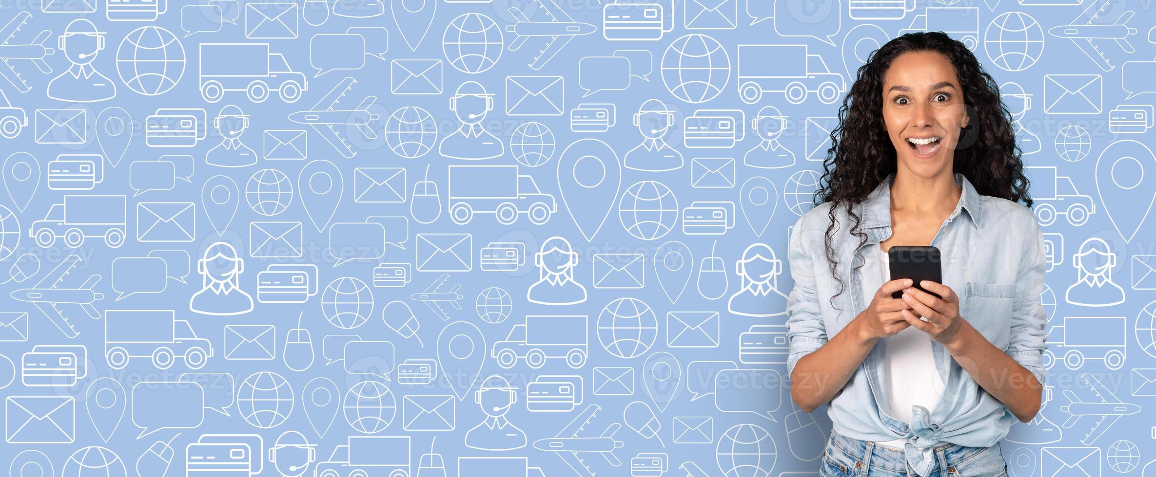 A cheerful person interacts with a smartphone app for online shopping. The background features a collage of delivery and commerce symbols, emphasizing modern convenience and technology. photo