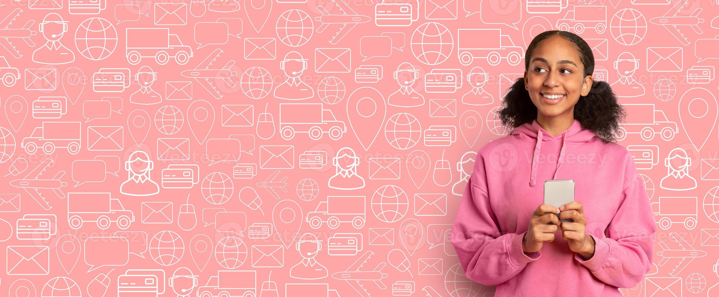 A customer smiles while holding a smartphone, engaged in online shopping for delivery services. The background features a vibrant collage of commerce-related icons, enhancing the experience. photo