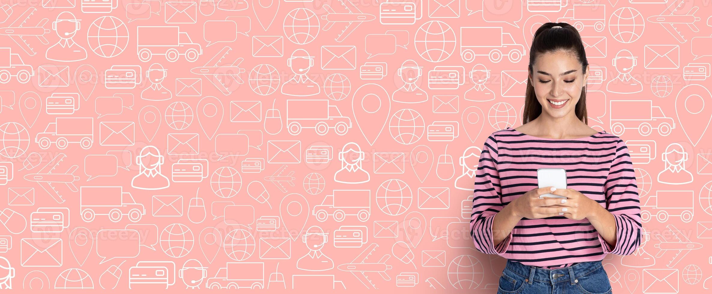 A young woman is engaged in online shopping using her smartphone, smiling as she browses through an application. The background features a collage of delivery and commerce symbols. photo