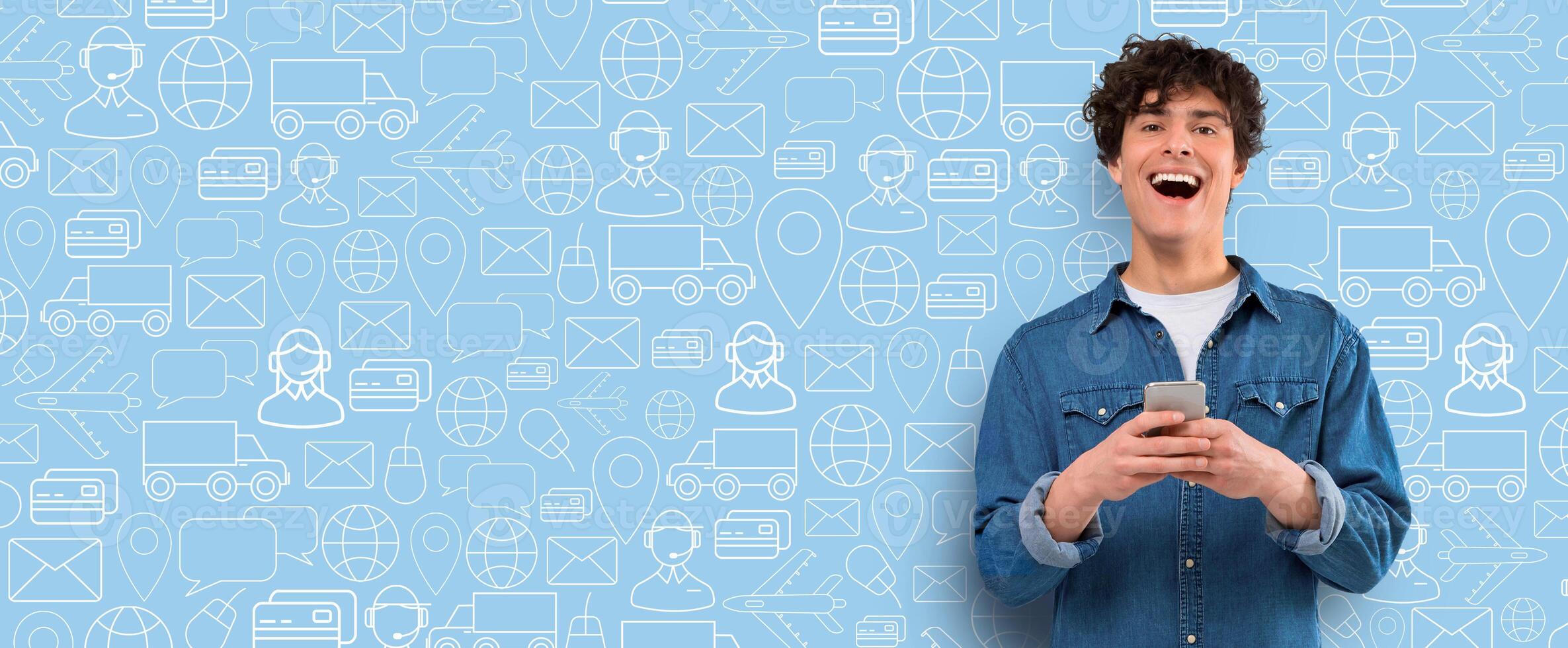 A young man is joyfully using his smartphone to shop online, surrounded by icons representing delivery and e-commerce. The background features a collage of shopping and communication symbols. photo