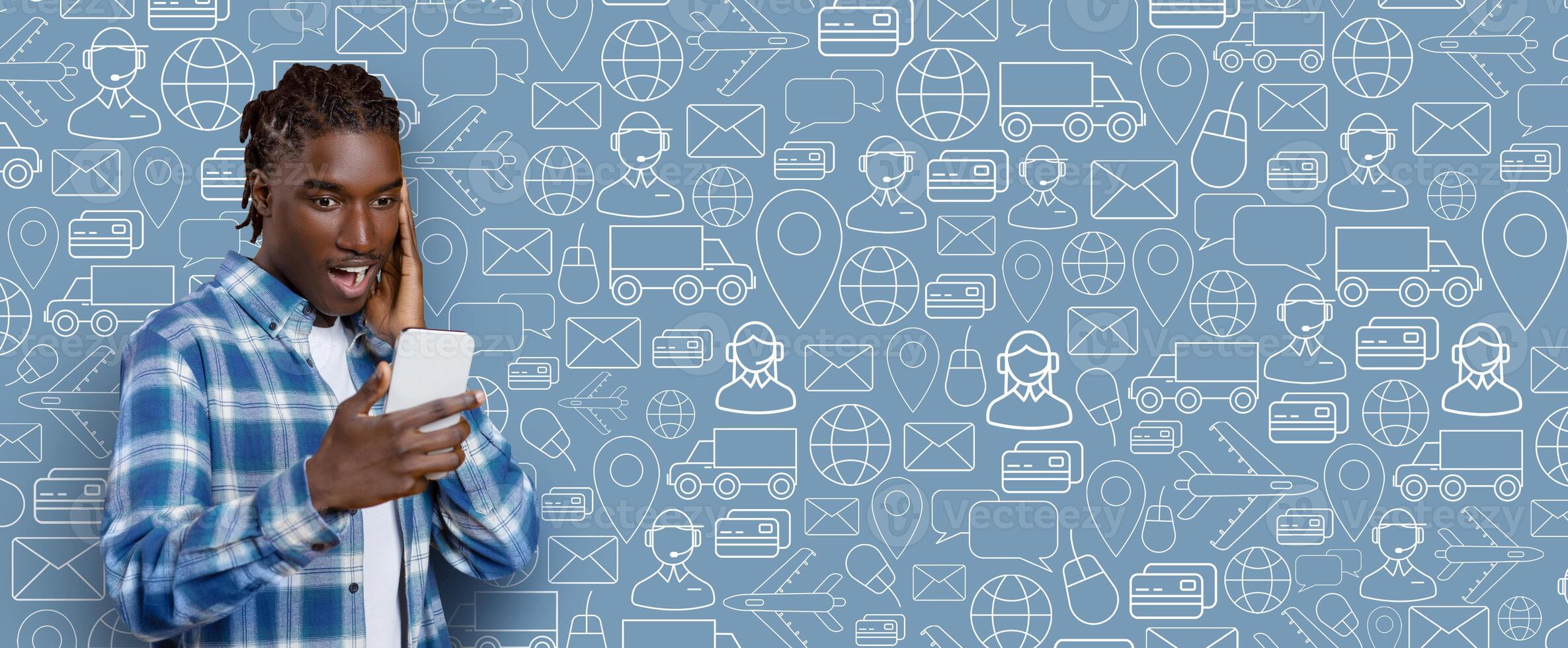 A satisfied buyer engages with an online shopping application on his smartphone. The energetic backdrop features various shopping icons, emphasizing modern commerce's convenience. photo