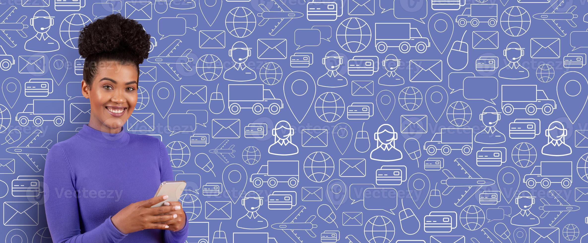 A buyer smiles while holding a smartphone, engaging in online shopping. The background features various symbols representing e-commerce and delivery services. photo