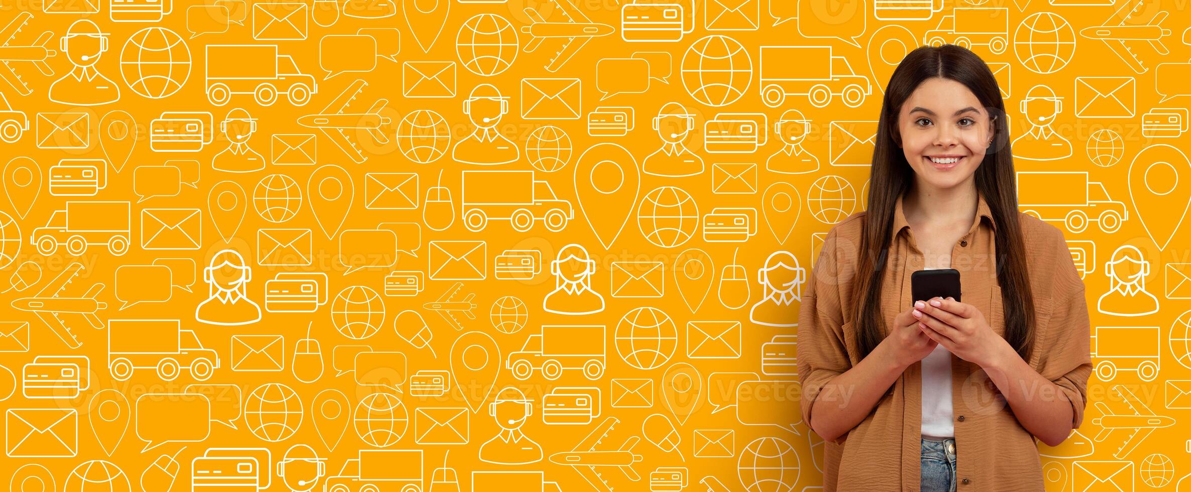 A young woman stands confidently, smiling while using her smartphone to shop online. The vibrant background features icons symbolizing delivery, commerce, and customer service in a playful collage. photo
