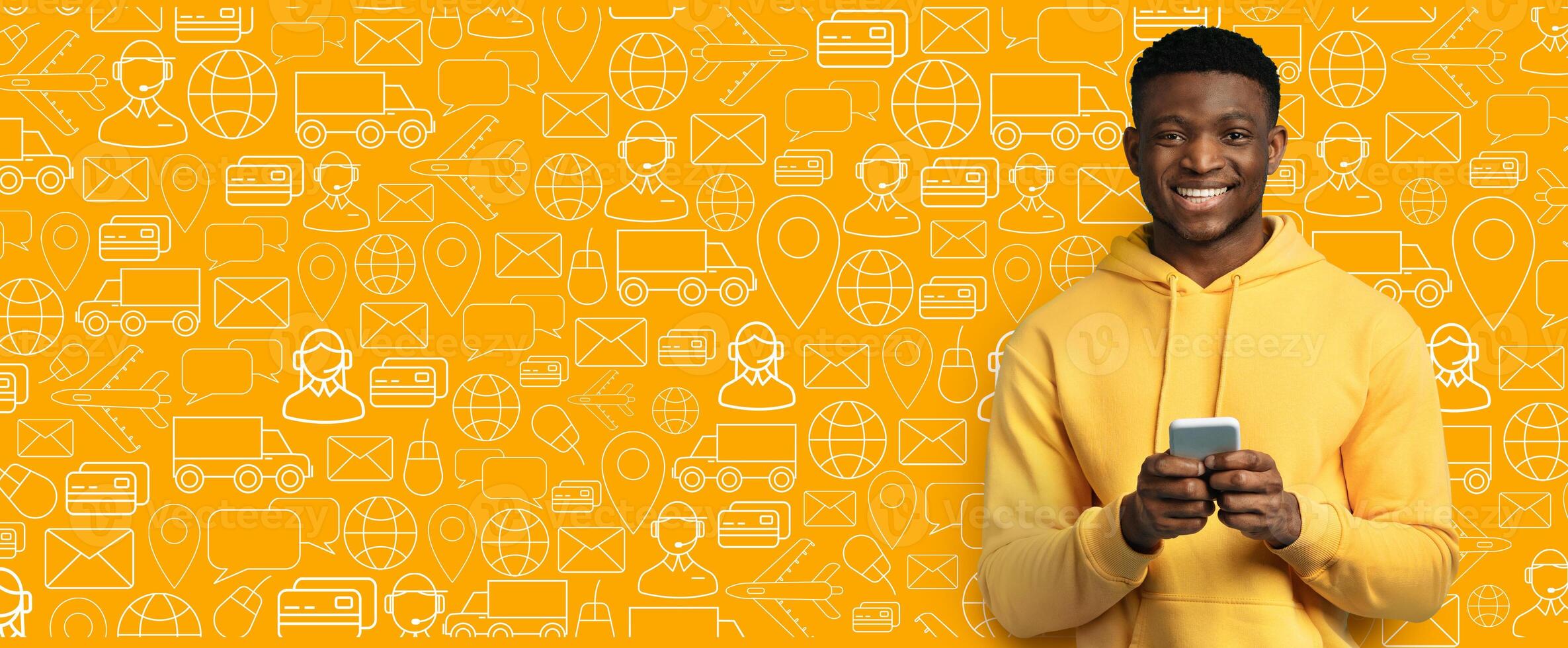 A buyer smiles while holding a smartphone, engaged in an online shopping application. The bright yellow background features various icons related to commerce and delivery services. photo
