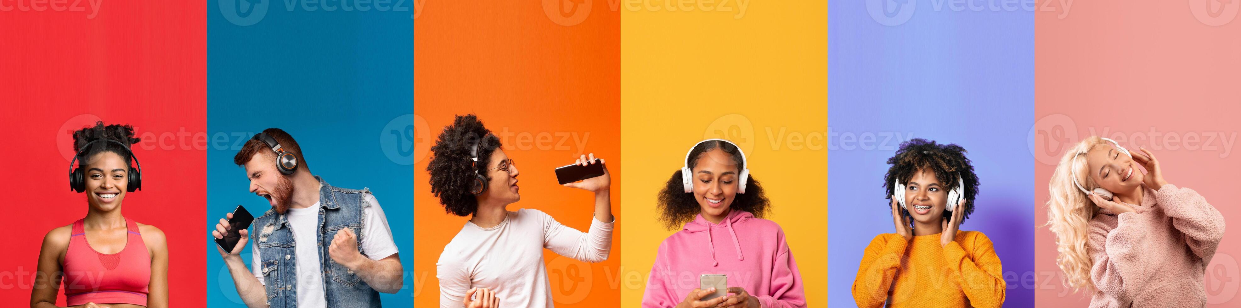 Diverse young individuals are immersed in music, smiling and having fun while using headphones. The colorful backgrounds enhance the energetic vibe of their shared experience. photo