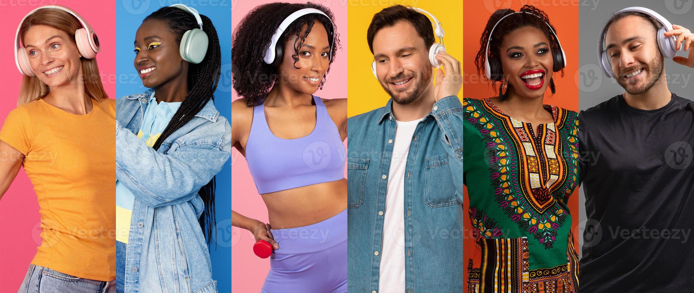A diverse collection of young individuals listens to music using headphones, showcasing their joy and energy. The vibrant background enhances their happy expressions and modern technology. photo